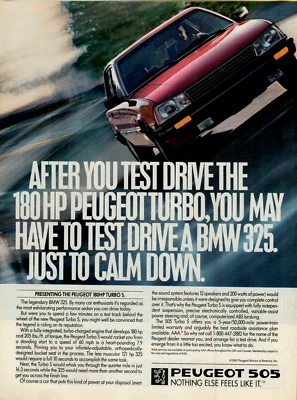 Peugeot 505 Turbo S 1988 sedán rojo 180 hp prueba fotográfica anuncio impreso en color original Foto 1 de 2