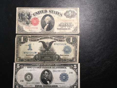 3 Large Notes All Three Notes With Tears Silver Cert,Us Note FRNote Is Nice Cover