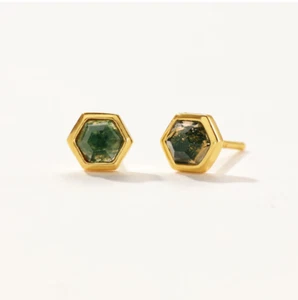 hexagonal stud earrings with natural moss agate, natural stone earrings - Picture 1 of 1