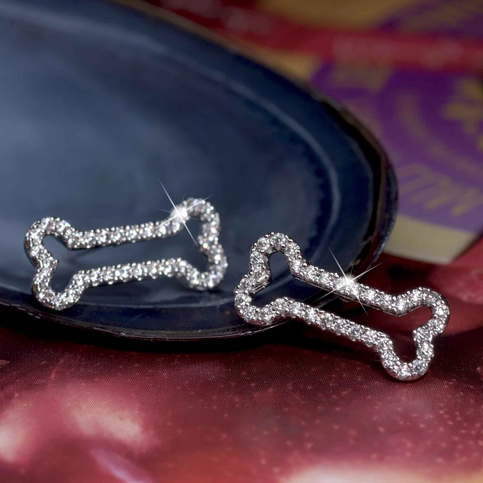 18k white gold made with SWAROVSKI crystal cute cartoon dog bone stud earrings - Image 1 of 4