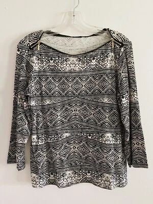 Blusa Top Perry Ellis Negra Blanca Para Mujer Mangas 3/4 Cremallera Acento Talla Mediana Foto 1 de 4