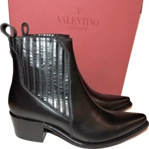 Valentino Garavani Rockstud Ankle Boots Chelsea Western Booties Black Leather 38 - Picture 1 of 7