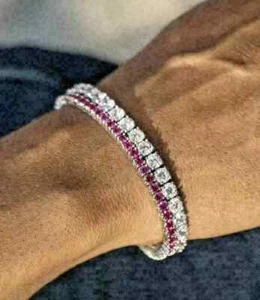 15Ct RoundCut Pink Ruby Lab-Created Diamond Mens Bracelet 14K WhGold Plated 7.5" - Picture 1 of 4