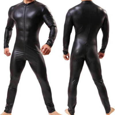 Men's PU Faux Leather Zip Bodysuit PVC Kinky Wetlook Underwear Catsuit Jumpsuit - Image 1 of 4