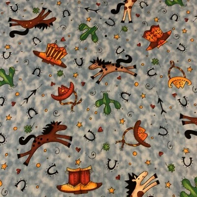 Giddyup Fabric By Kari Pearson For Quilting Treasures Horses Hats Boots Blue BTY - Image 1 of 4