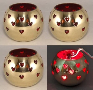 Votive Candle Holder Brass Red Glass Liner Heart Cutouts 4"D 3.25"High Set/4 - Picture 1 of 4