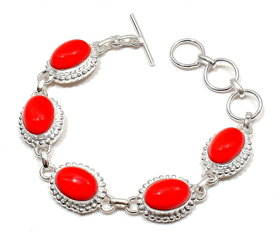 Red Coral Gemstone 925 Sterling Silver  Handmade Jewelry Bracelet Sz 7-8" - Image 1 of 1