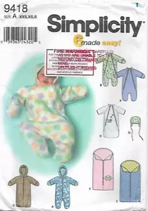 F6 SIMPLICITY 9418: BABIES BUNTING, HAT & BLANKET SIZE XXS -S SEWING PATTERN - Picture 1 of 3