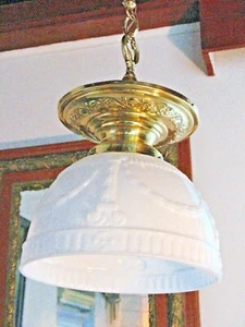 Art Nouveau Ceiling Clambroth Glass Light Fixture Large Pendant Brass Hardware  - Picture 1 of 11