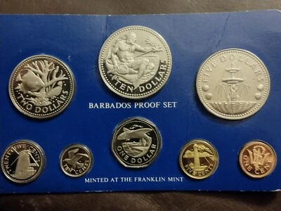 1975 BARBADOS 8 COIN PROOF SET! $10 & $5 Coins Are Silver - Franklin Mint - Image 1 of 4