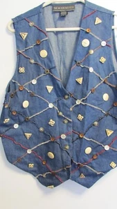 Women's Size L Denim Blue Jean Vest LOTS OF BUTTONS Embossed By New Identity - Picture 1 of 8