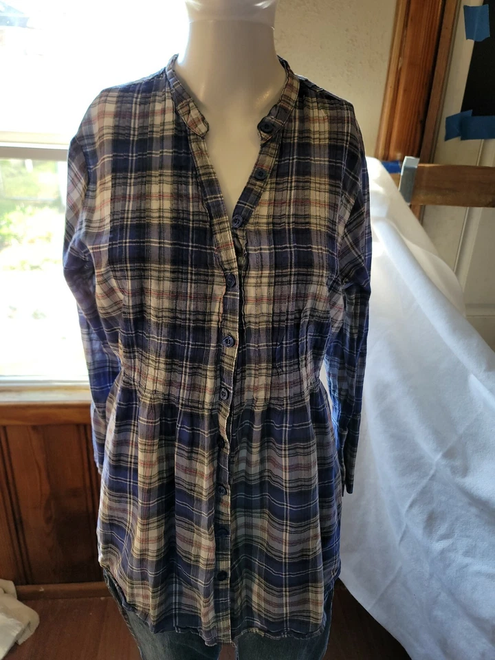 Camisa Miley Cyrus Max Azria Azul a Cuadros Botón Mangas 3/4 Pestaña Rodante Talla XL Cincha Foto 1 de 4