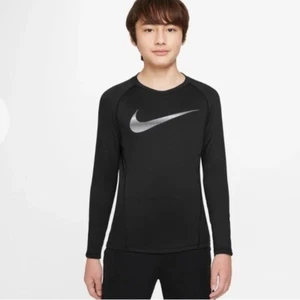 Nike Boys Pro Warm Standard-Fit Logo-PrintLong-Sleeve T-Shirt Black/white M top - Picture 1 of 13
