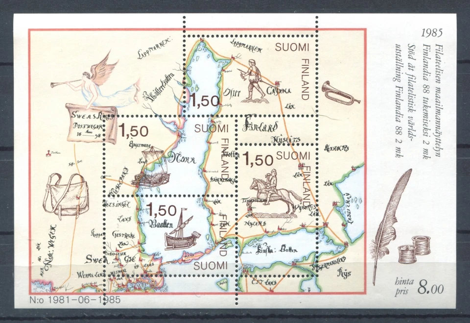 Finland 1985 • Sс# 728 • old postal maps and ships • ss MNH OG VF (SU-9095) - Image 1 of 1
