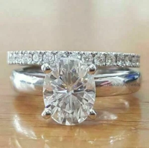 3 Ct Oval Cut White Moissanite Bridal Set Engagement Ring Solid 14k White Gold - Picture 1 of 6
