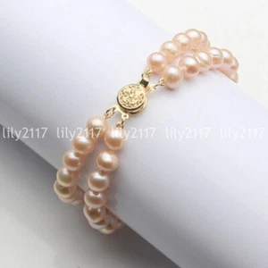 2 Rows Genuine Natural Freshwater Akoya Pearl Beads Bracelet 7.5" 6-7/7-8/8-9mm - Picture 1 of 12