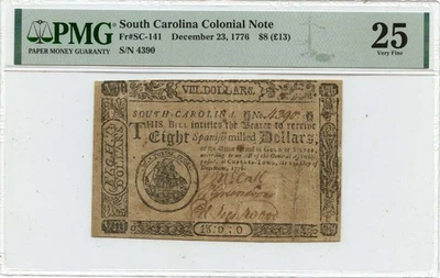 1776 Dec. 23, $8 South Carolina Colonial Note FR#SC-141 PMG VF25 Fully Signed - Image 1 of 2
