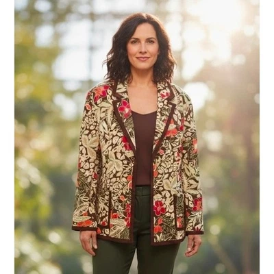 Chaqueta Blazer Leslie Fay Mujer Estampado Floral Marrón Rojo Verde Para Mujer Talla 24W Foto 1 de 4