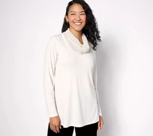 Susan Graver Sz XL Regular Liquid Knit Tunic with Sequin Cowl-Neck IVORY A623464 - Picture 1 of 1