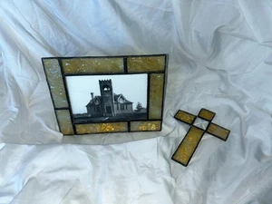 Vintage Buntglas orange Bilderrahmen + Kreuz Blei Foto 3,5"x5" Handarbeit - Bild 1 von 11