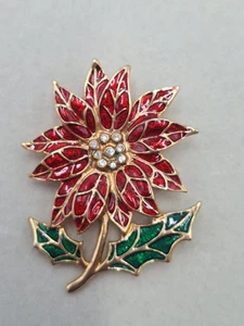Poinsettia Flower Brooch Red Green Enamel Rhinestone Vintage 70's Christmas 2" - Picture 1 of 5