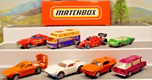 Matchbox cars x8.Fire chief/Commuter/Tanzara/F1 car/no7ford/Pontiac/Coach/Tomaso - Picture 1 of 7