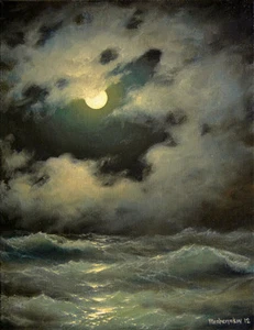 301 - 11"x14" GALLERY WRAP TELA STAMPA GICLÉE PAESAGGIO MARINO Peeping Moon Night Storm - Foto 1 di 1