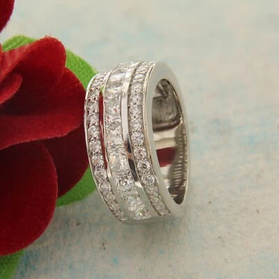 4.25 Ct Princess Simulated Diamond 3 Row Engagement Ring Size 6.5 in 925 Silver - Image 1 of 4