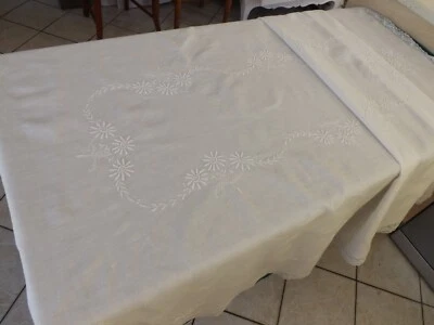 nappe brodée, fil de lin, 1.92 m X 1.38 m, ancienne - Photo 1/4