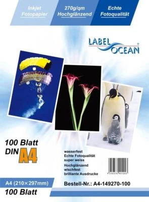 100 Blatt DIN A4 270g/m² Fotopapier HGlossy+wasserfest von LabelOcean (R)