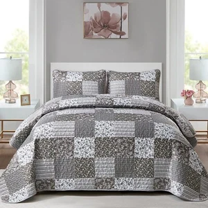 Grey Boho Quilt Set King Size,3 Pieces Plaid Floral Bedspread Coverlet Set fo... - Picture 1 of 7