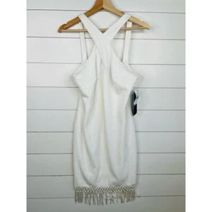 Adrianna Papell White Sleeveless Halter Neck Fringe Trim Dress Bodycon Size US 8 - Picture 1 of 11