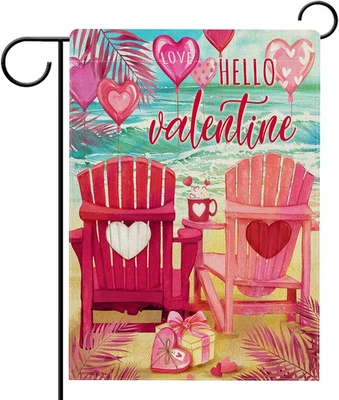 Hello Valentine'S Day Sea Chair Garden Flag Double Sided, Pink Love Heart Palm L - Image 1 of 4