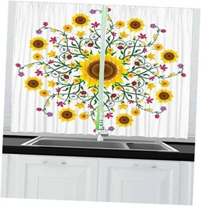 Yellow Mandala Kitchen Curtains, Round Motif with Wild Spring Mustard Green - Picture 1 of 2