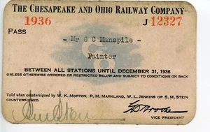 25D302 1936 CHESAPEAKE & OHIO RAILROAD RAIL PASS - Picture 1 of 2