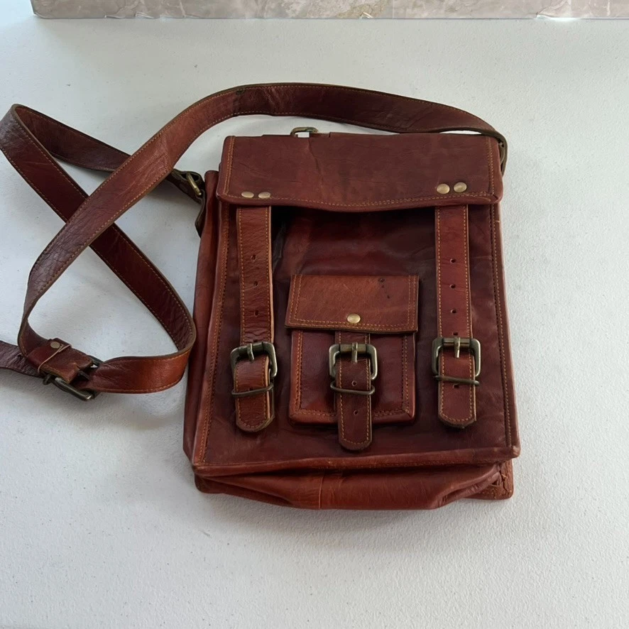 邮差包男女通用垂直棕色皮革手工复古 — 第 1/4 张图片