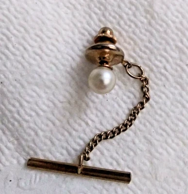 Vintage faux Pearl Tie tack lapel pin with gold safety chain shirt suit - Image 1 of 4