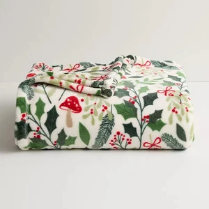 The Big One Christmas Holiday Botanical Holly & Mushroom Fleece Throw Blanket - Picture 1 of 1