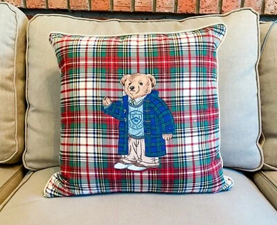 Ralph Lauren 100% хлопок Polo медведь большой плед подушка 18 x 18 редкая клетку - Изображение 1 из 4