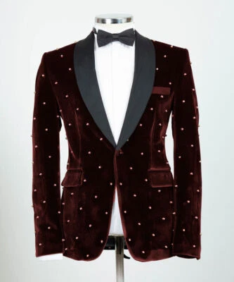 Trajes de terciopelo para hombre Chaqueta con cuentas Boda Padrinos de boda Blazer Esmoquin de un solo pecho Foto 1 de 4