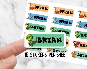 Custom Name Dinosaur Stickers – 15-Pack Label Sheet for Kids, 2" Name Tags - Picture 1 of 6