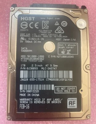 HGST 1TB HTS541010A9E662 SATA / 8MB Cache 5400RPM TS5SAF100 Laptop HDD - Image 1 of 2