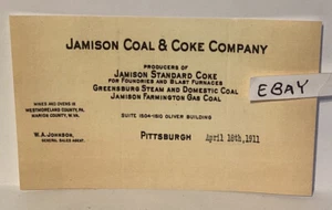 1911 TARJETA DE VISITA JAMISON COAL & COKE CO MINES HORNOS WESTMORELAND COUNTY PA NUEVA - Imagen 1 de 1