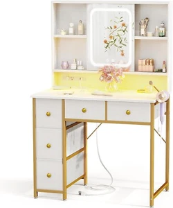 AODK 36" White & Gold Trimmed Vanity Desk w/ Mirror & Lights w/ 5 Fabric Drawers - Picture 1 of 12