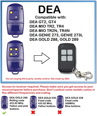 Kompatible Fernbedienung mit DEA GOLD 288, 289 Rolling Code 433,92MHz. - Bild 1 von 4