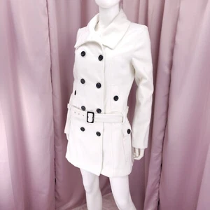 BCX Women's White Fleece Double-Breated Belted Lined Pea Coat Jacket Large - Picture 1 of 8