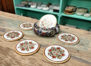 Marmor Untersetzer Set natürliche Halbedelsteine handgefertigte Einlage Kunstarbeit Geschenk Her - Bild 1 von 3