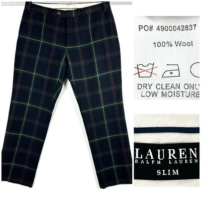 Ralph Lauren Black Label Mens Plaid Wool Pants SZ 35x30 Navy Blue/Green - Image 1 of 4