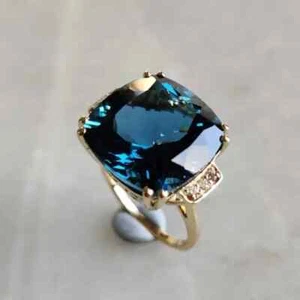 2.10Ct Cushion Cut London Blue Topaz Women's Wedding Ring 14k Yellow Gold Plated - Picture 1 of 9