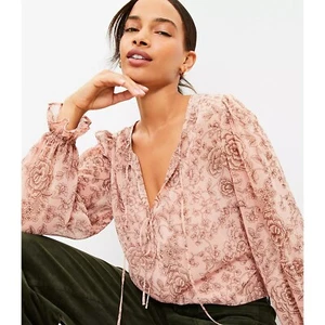 Ann Taylor LOFT Etched Floral Double Tie Neck Blouse L - Picture 1 of 3